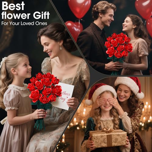 DIY Red Rose Flower Bouquet Building Set - 12 Adjustable Blooms