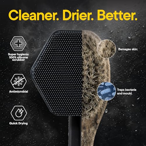 TOOLETRIES Silicone Back Scrubber for Shower, Exfoliating Body & Bath Brush, Long Ergonomic Handle, Non-Slip Grip for Hard-to-Reach Areas, Hygienic Silicone Bath Accessory for Men & Women - Charcoal