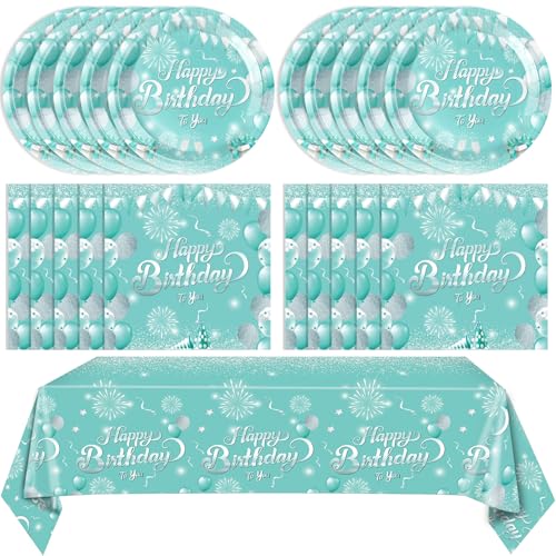 Teal Birthday Decorations Set for 20 - Plates, Napkins & Tablecloth