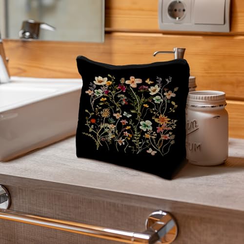 Supwhd Black Floral Small Makeup Bag - Waterproof Linen Cosmetic Pouch for Women & Girls