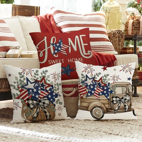 Patriotic Pillow Covers Set of 4 - 18x18 Inch Red, White & Blue