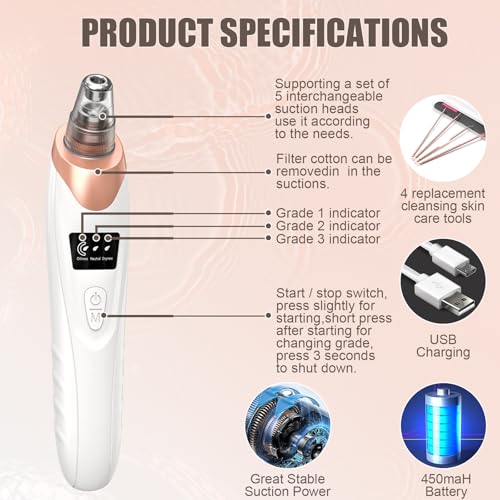 2026 Blackhead Remover Pore Vacuum,Facial Pore Cleaner-5 Suction Power,5 Probes,USB Rechargeable Blackhead Vacuum Kit Electric Pore Vacuum Tool for Adult