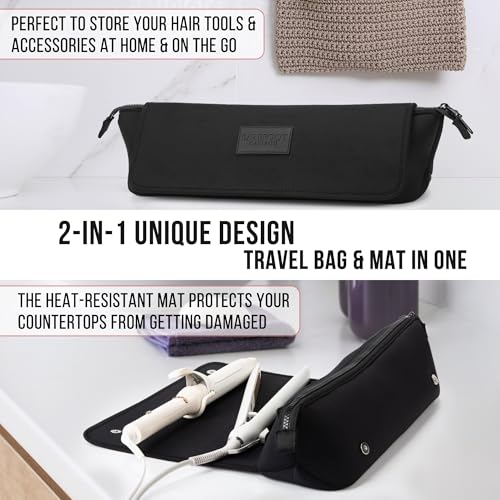 BAREFOOT CARIBOU Hair Tools Travel Bag and Heat Resistant Mat (15.5") for Flat Irons, Straighteners, Curling Iron, Haircare Accessories, 2-in-1 design, Interior Pockets, Portable Organizer (Black)