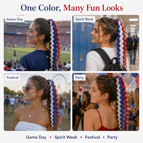 TASHEEMA Red White Blue 18 Inch Curly Ponytail Extensions 2 Pack for 4th of July & Festive Styles