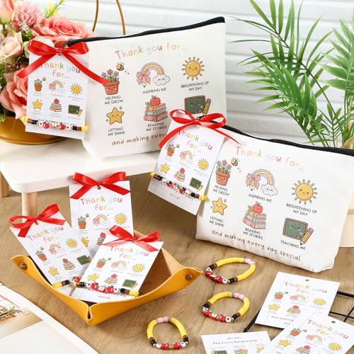 Thank You Teacher Gift Set - 8 Makeup Bags, Apple Bracelets & Cards