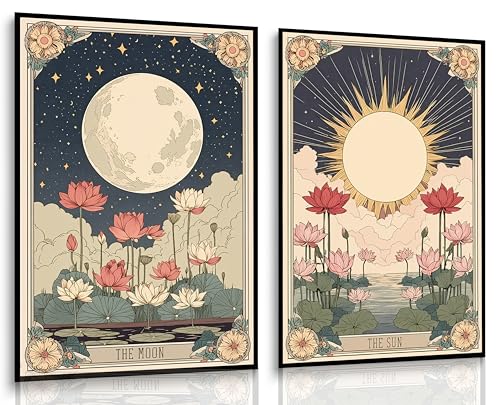 Boho Tarot Card Canvas Wall Art Set - Sun & Moon Posters