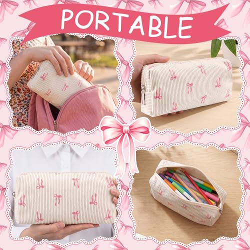 Dansydaisy Beige Coquette Makeup Bag with Pink Bow Zipper