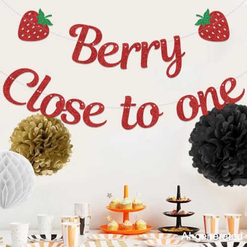 Berry Close to One Birthday Banner - Strawberry 1/2 Year Party Decor