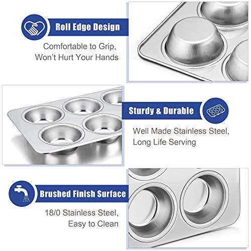 TeamFar Stainless Steel Muffin Pan - 6 Cup Baking Tray for Muffins, Cupcakes & Quiches