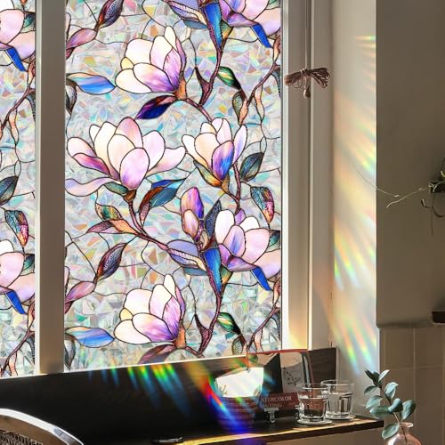 Purple Magnolia Stained Glass Window Film | Static Cling Privacy Decor