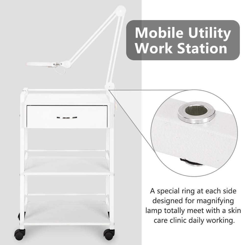 Salon Trolley Cart - Wooden Rolling Storage Station with Wheels | Mobile Utility Cabinet for Beauty, SPA, Massage, Tattoo - White