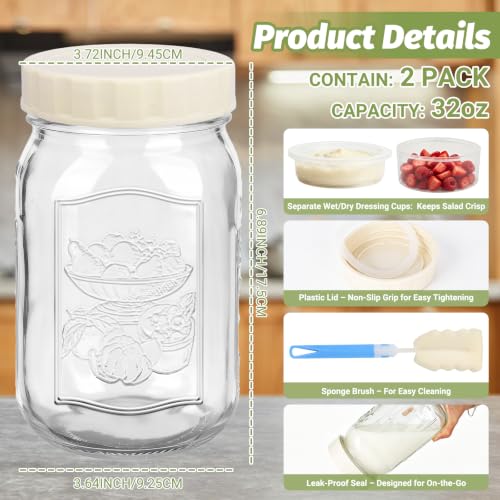32oz Wide-Mouth Glass Salad Jars 2-Pack with Dressing Containers