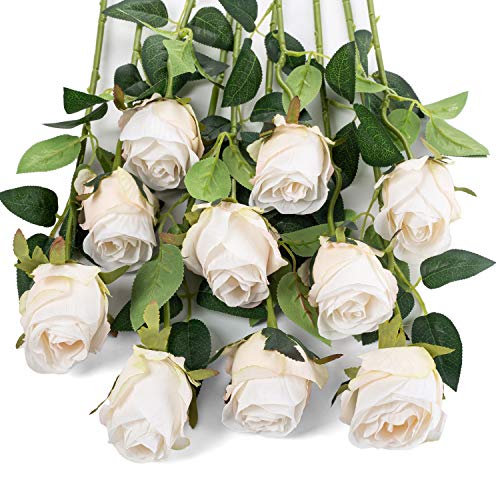 10pcs Long Stem Artificial Silk Rose Flowers - White DIY Decor