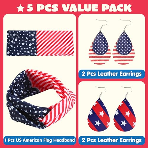 JOYIN Patriotic US Flag Headband & 4 Leather Earrings 4th of July Party Accessories
