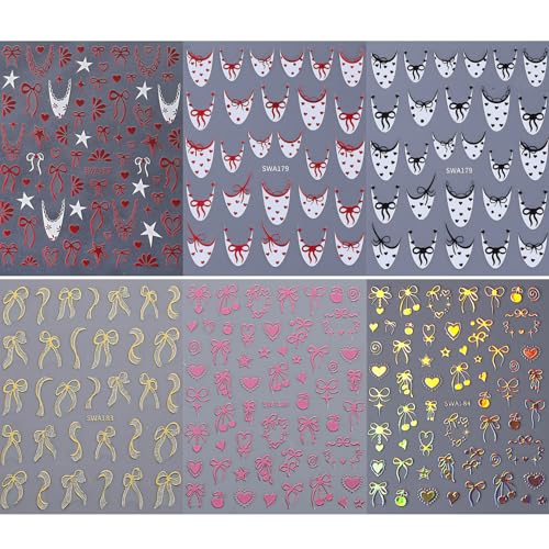 Qdsuh Valentine's Day Nail Stickers – 7 Sheets; 3D Hearts, Bows, Gold & Red Decals with Style8