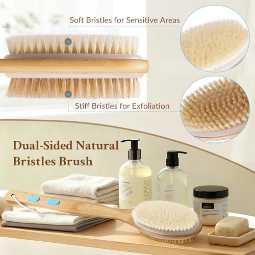 Anti-slip 2-Pk Double-Sided Body Brush with Long Handle – Back Scrubber, Soft & Firm Bristles, Wet/Dry