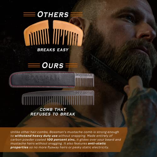 Bossman Metal Comb with Leather Case - Dual-Teeth Design for Beard & Mustache Care