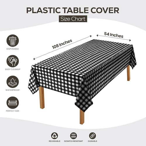Disposable Black Check Plastic Tablecloths - 12 Pack, 54x108 inches