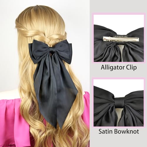 2-Pack Black Satin Hair Clips for Women & Girls – Long Tail Bow Alligator Barrettes