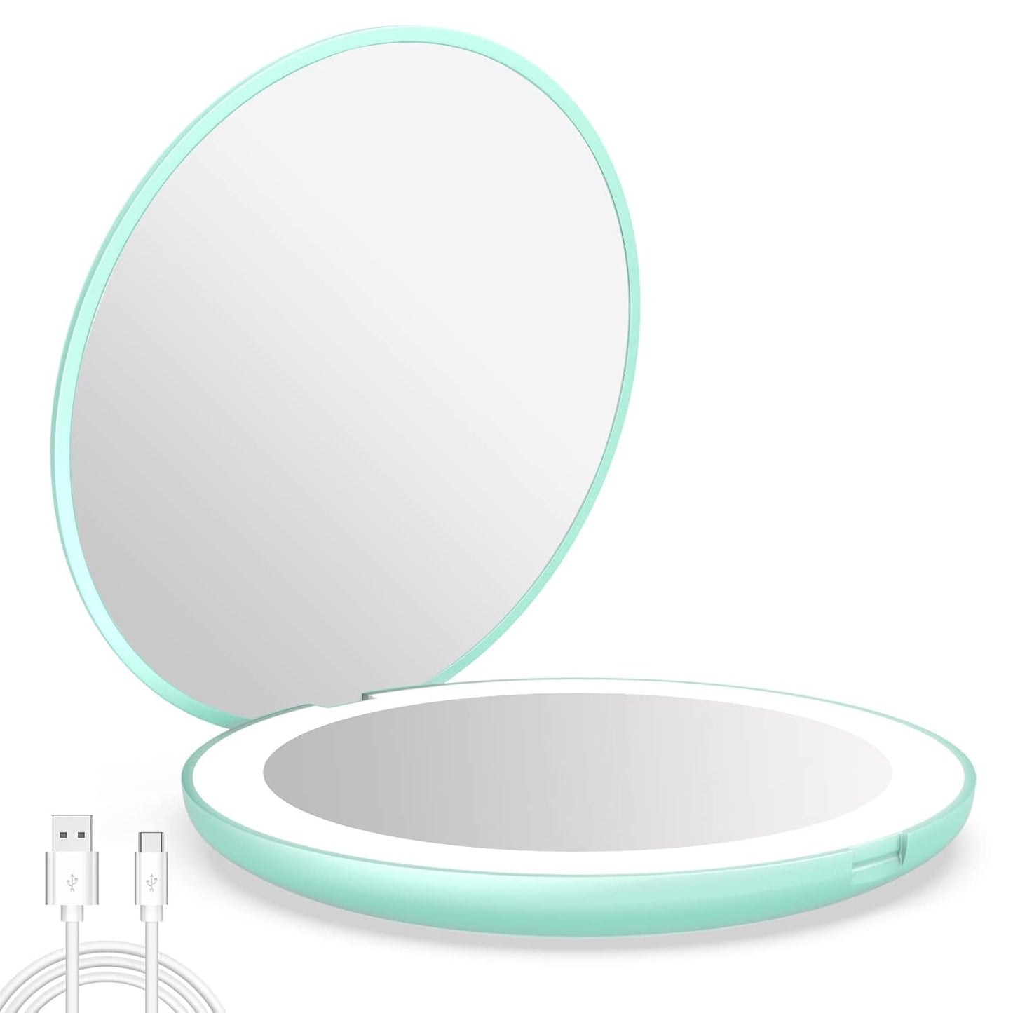 LED Travel Makeup Mirror - 1x/10x Magnification, Compact & Portable | 3.5-Inch, Folding, Handheld, Round, Cyan
