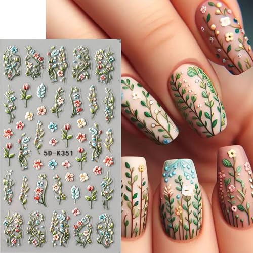 Brtavizvy 4 Sheets Spring Floral Nail Stickers with Tweezers - Green Vine Leaves, Colorful Petals, 5D Embossed Autumn Daisy Nail Decals (Multicolor)