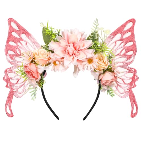 Pink Butterfly Fairy Headband with Wings - Floral Crown for Cosplay