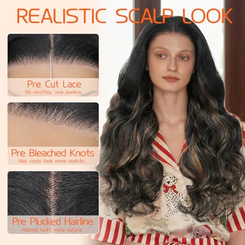 28 Inch Honey Blonde Highlights Black Roots Lace Front Wig - Walsdi 5x5 HD Synthetic Body Wave, Pre-Cut & Glueless, Easy Install for Beginners