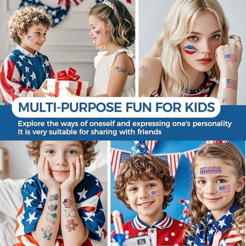 Awinmay 4th of July Temporary Tattoos - 80 Pcs Independence Day American Flag Red White and Blue Tattoos for Kids,Memorial Day,Labor Day,Fourth of July Party Decorations and USA Party Favors 10 Sheets