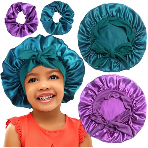 Heniho Satin Bonnets for Girls - Teal & Purple, Curly Hair Sleep Caps with Scrunchies, Adjustable, Kids Hair Care