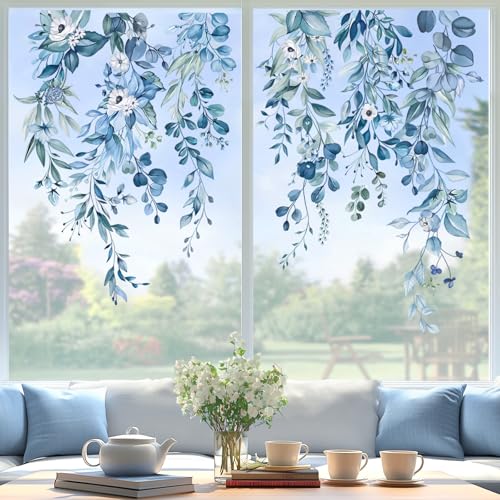 Blue Eucalyptus Leaves Window Clings - Reusable Decorative Decals