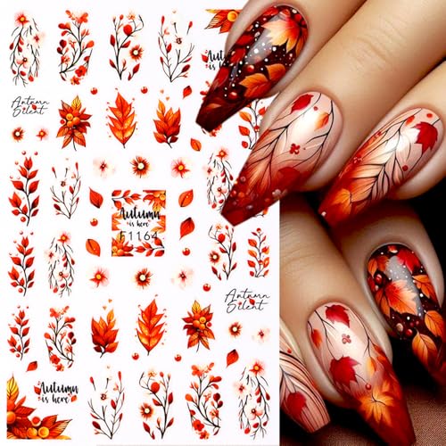 Qdsuh Style3 Fall Maple Leaf Nail Stickers 6 Sheets Autumn Thanksgiving Decor