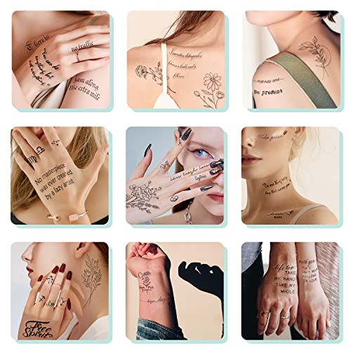 Yazhiji Black Words Flowers Temporary Tattoo Pack 90 Sheets - Inspirational Quotes & Floral Designs for Adults & Kids