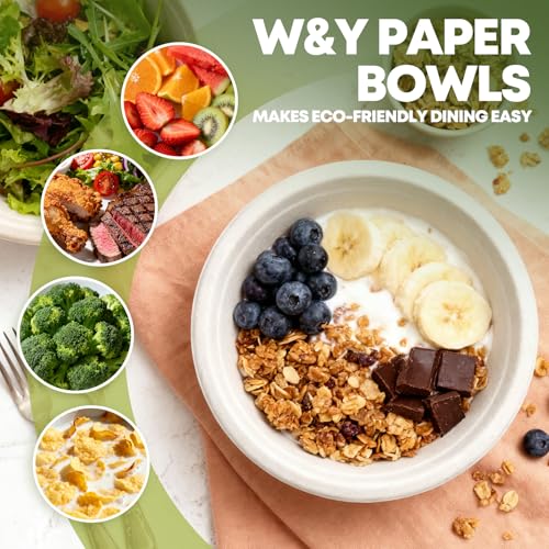 W&Y 12 oz Compostable Paper Bowls - 100 Count, Heavy-Duty & Microwave-Safe