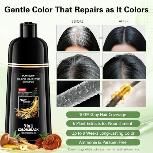 Black Hair Dye Shampoo - 3 in 1 Semi-Permanent Color for Gray Coverage