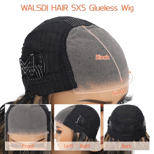 28 Inch Honey Blonde Highlights Black Roots Lace Front Wig - Walsdi 5x5 HD Synthetic Body Wave, Pre-Cut & Glueless, Easy Install for Beginners