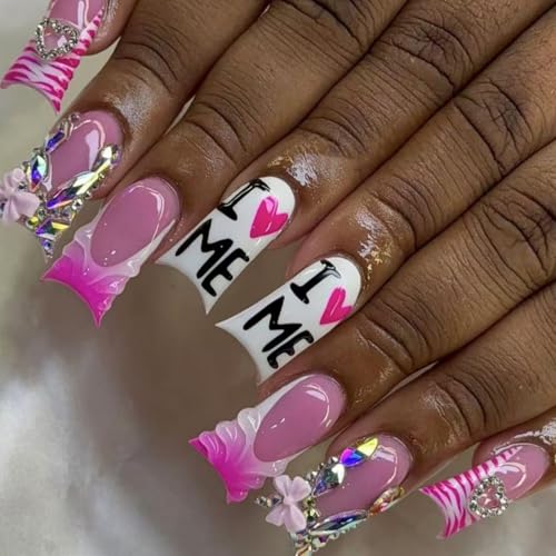 Press On Nails Duck Shaped Full Cover Acrylic Fake Nails with Charms & Designs - Medium, Glittery, for Women & Girls, Variation: Heart Bow Rhinestone & Letter
