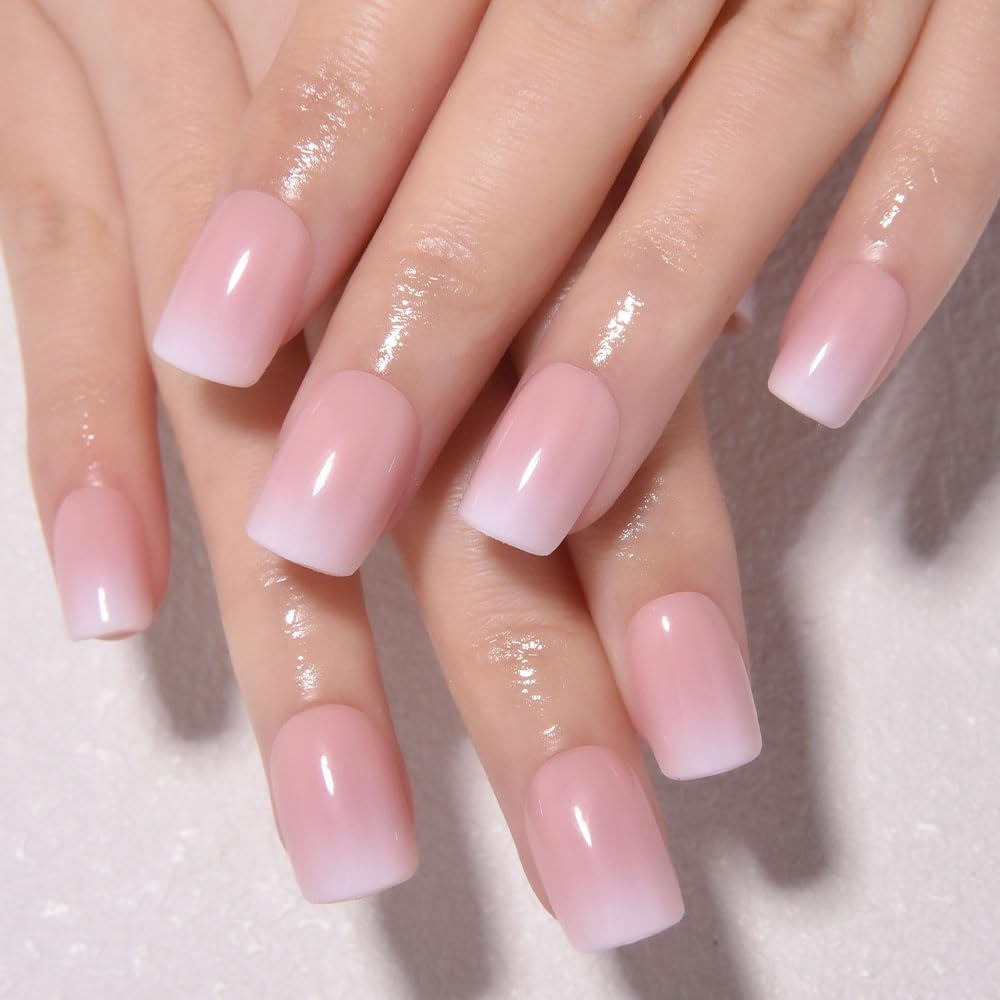 Ombre Press-On Nails - White & Light Pink Coffin Acrylic Design | 30 Pcs Reusable DIY Nail Art Kit for Women