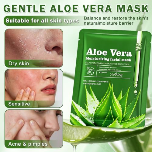 12PCS Aloe Vera Face Masks - Hydrating & Soothing Sheet Set