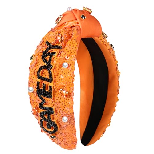 Orange Game Day Knotted Headband for Women with Pearl Rhinestones Sports Accessory