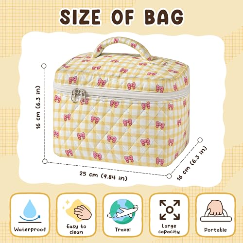 MYSMOR Large Quilted Makeup Bag, Yellow Gingham Cosmetic Case with Bows