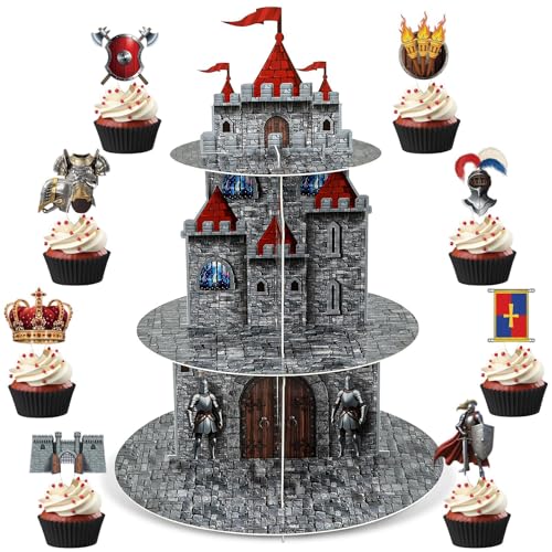 3-Tier Medieval Castle Cupcake Stand with 24 Knight Cake Toppers