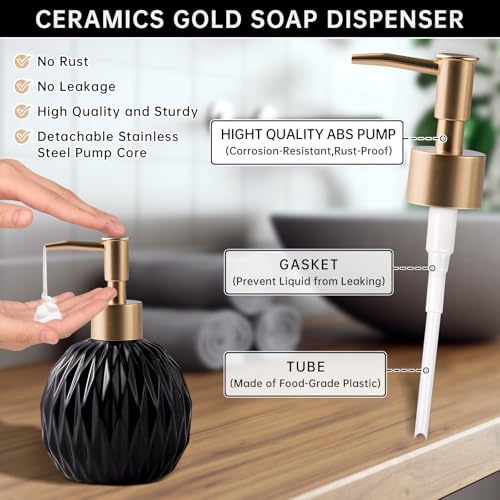 Black Ceramic Gold Soap Dispenser for Bathroom & Kitchen - 400ml