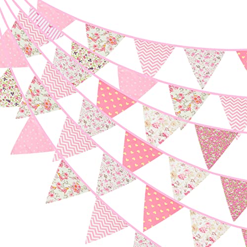 39ft Pink Floral Triangle Bunting Banner - Reusable Cotton Flags for Parties