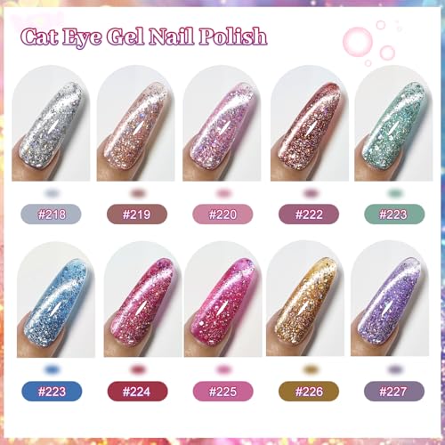 JODSONE Cat Eye Gel Nail Polish Set - 10 Holographic Colors + Base & Top Coat