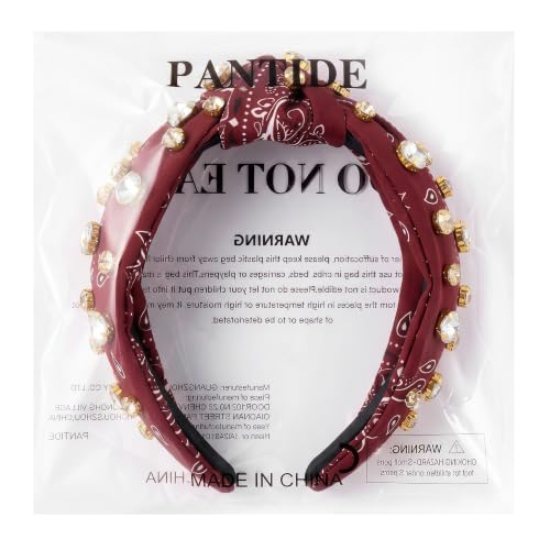 Pantide Bandana Knotted Headband with Paisley & Rhinestones, Red
