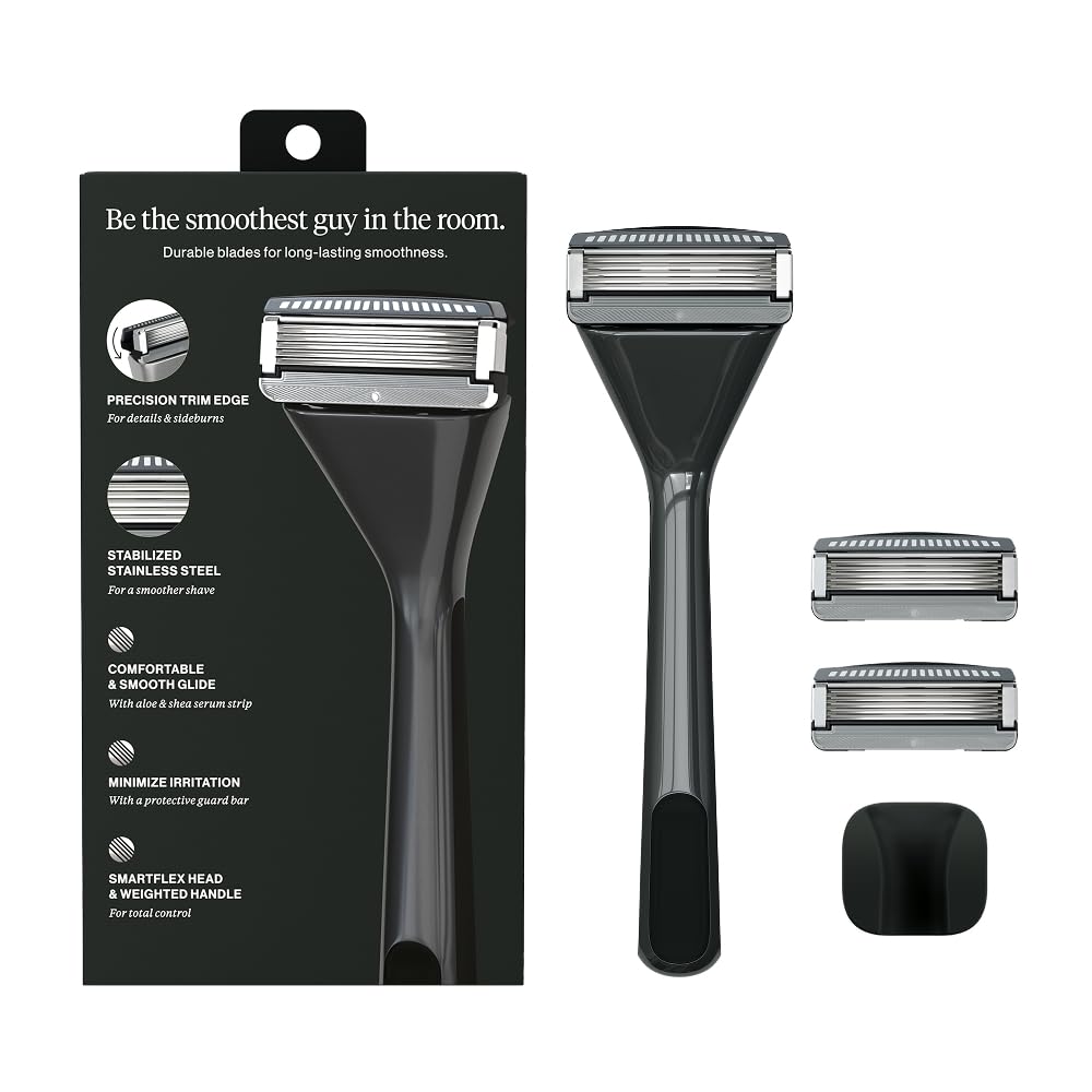 House of Atlas, Razors for Men - Mens Razors for Shaving with Handle, 2 Razor Blade Refills, & Shower Hook, Precision Trim Edge, Smooth Close Shave, Reusable Razor for Men, Gunmetal