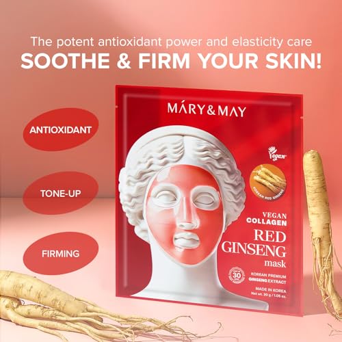 Mary&May Red Ginseng Hydrogel Mask - 4 Vegan Sheets for Radiant Skin