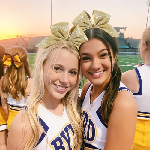 10-Pack Jumbo 7-Inch Gold Glitter Cheer Bows with Elastic Hair Ties