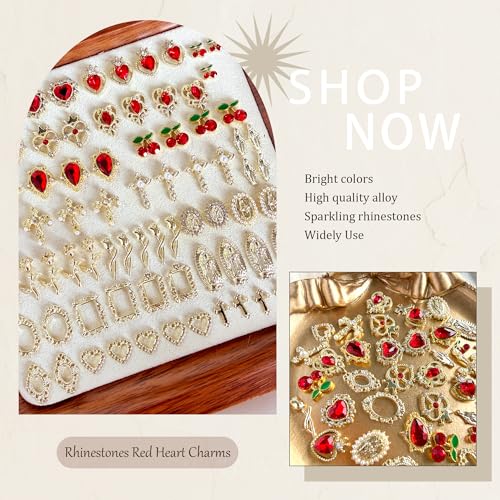 SilkRoselw 80pcs Gold Cross and Red Heart Nail Charms Set for Acrylic Nail Art