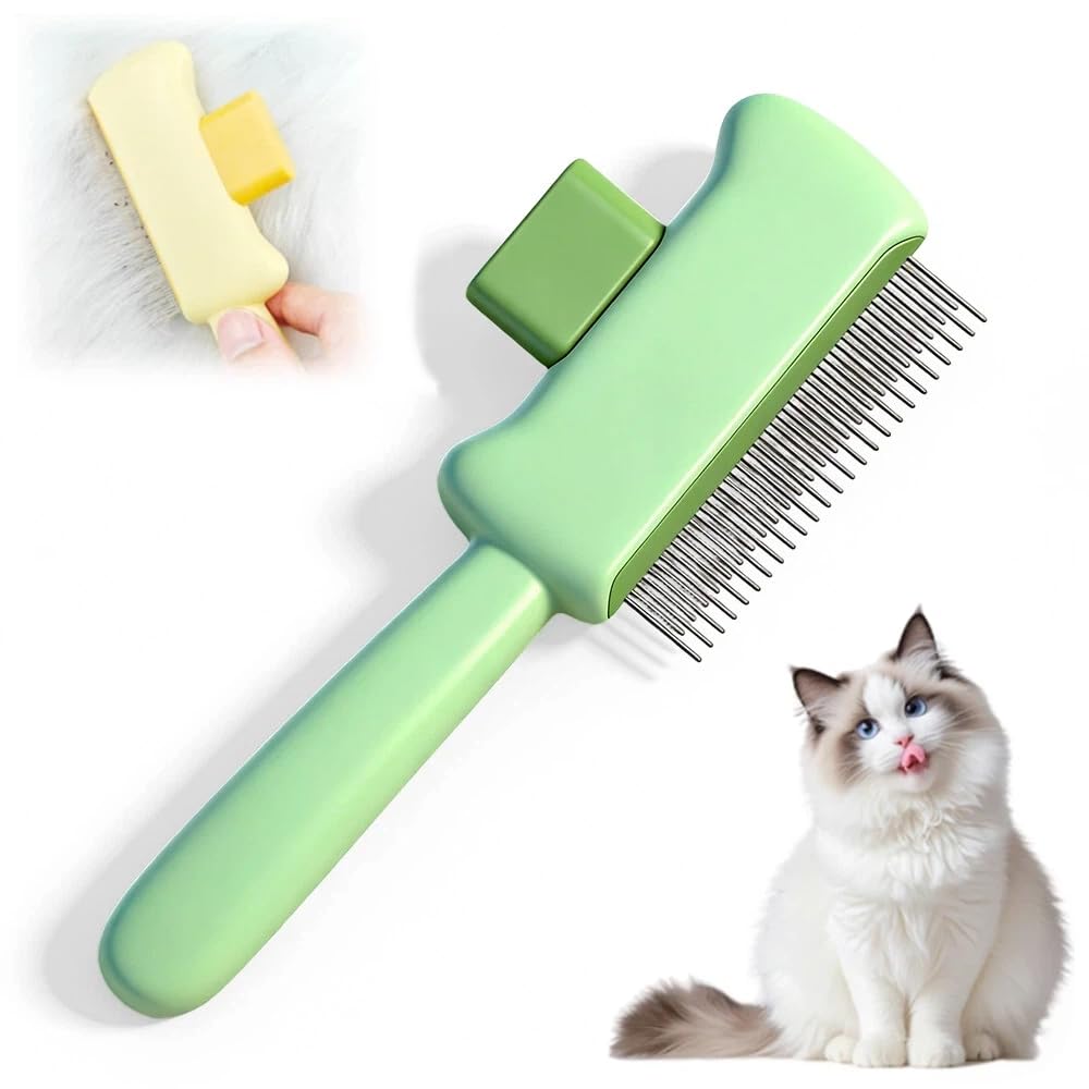 Spwejsr Cat Self Cleaning Pet Hair Removal Comb, One-Click Self-Cleaning Brush with Stainless Steel Teeth & Release Button, De-Shedding Comb for Cats & Dogs Long & Short Hair (Green- High-Low Teeth)